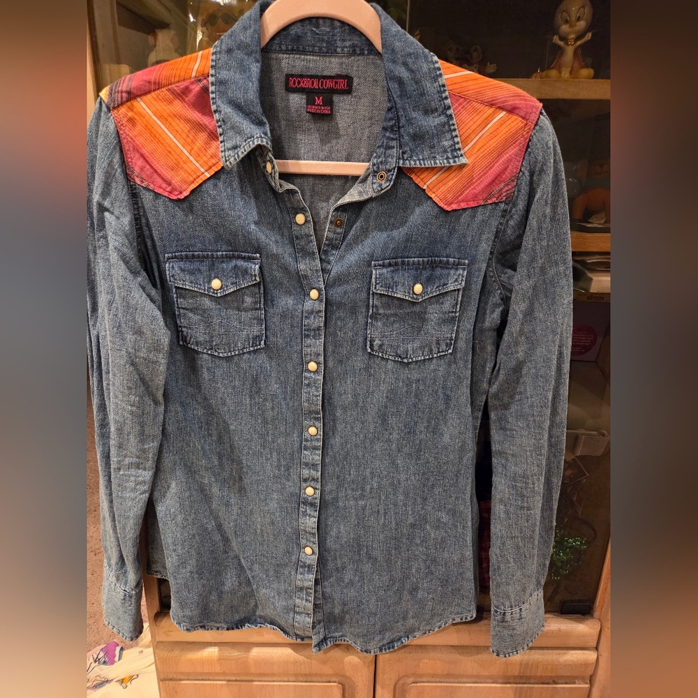 Rock & Roll Cowgirl Denim Shirt with Red Accents